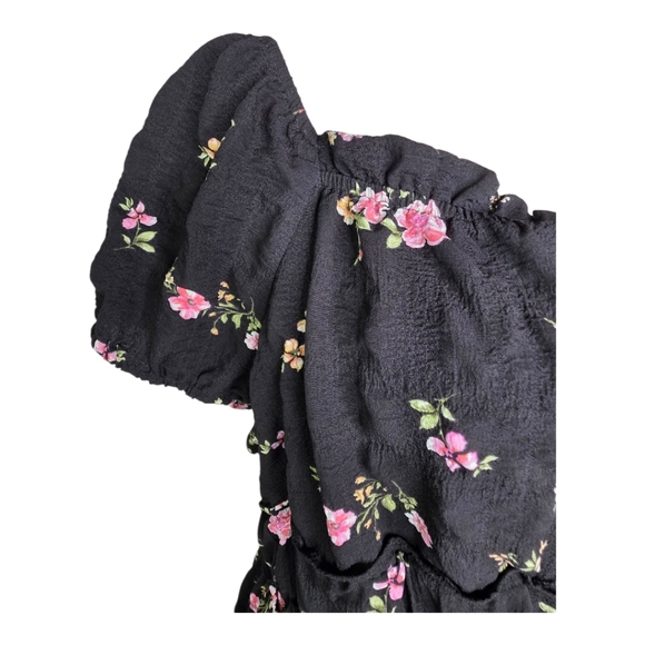 Arula Black Floral Puff Sleeve Tiered Mini Dress Size X Plus Size - Picture 2 of 7